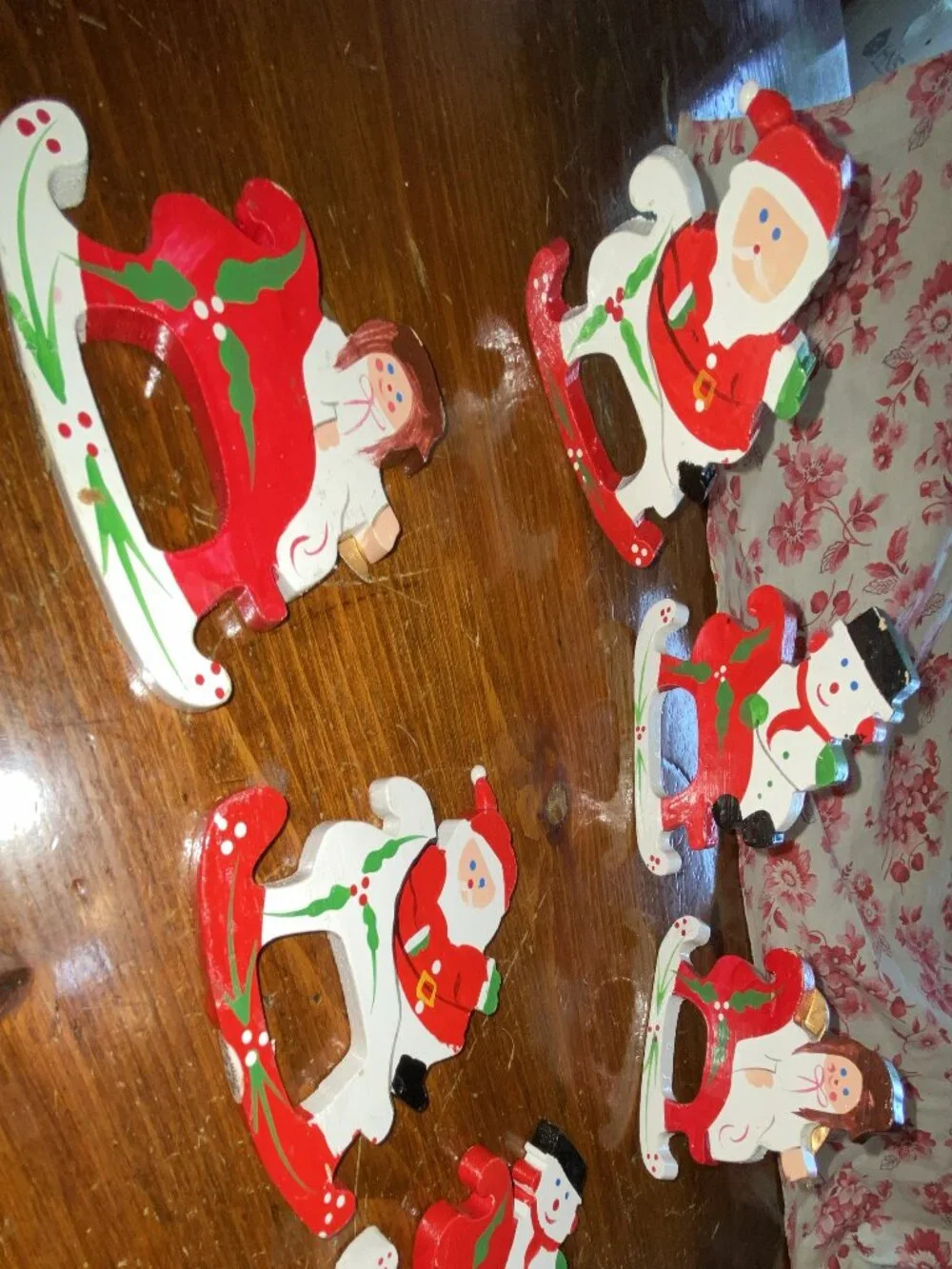 Adorable Vintage Vera Neumann Wooden Napkin Rings, Set of 6, Santa-Snowman-Angel